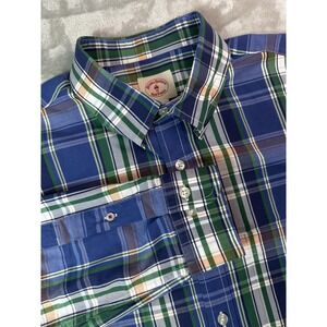 Brooks‎ Brothers Red Fleece Shirt Mens Large Blue Green Plaid Button Down Cotton